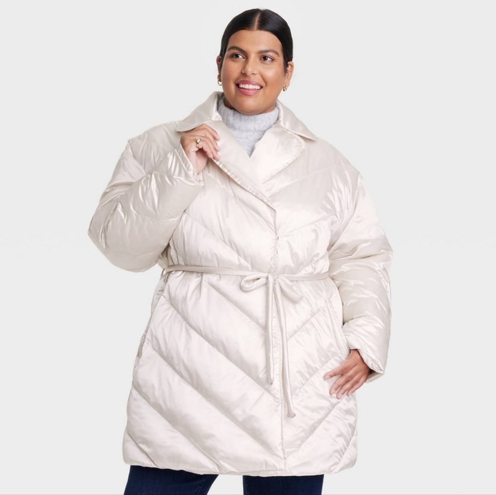NWT Ava & Viv Cream Puffer Coat with Tie